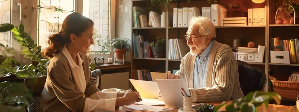 a well-organized, modern home office featuring a thoughtful caregiver consulting with a senior client, surrounded by assessment tools and safety modification materials, emphasizing an atmosphere of attentive support and proactive health evaluation.